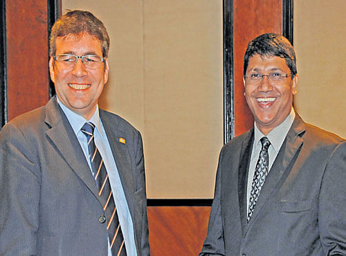 Wolfgang Huebschle, head of Invest in Bavaria, the Bavarian Ministry of Economic Affairs Germany with John Kottayil, Executive Director, Invest Bavaria India, address a press conference in Bengaluru on Friday. DH PHOTO