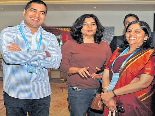 Sequoia Capital India chief Shailendra Singh, Founder and Chief Editor of YourStory Shraddha Sharma and CEO ICT Skills Development Society Dr A Maulishree interact at the TechSparks 2015 in the City on Friday. DH PHOTO