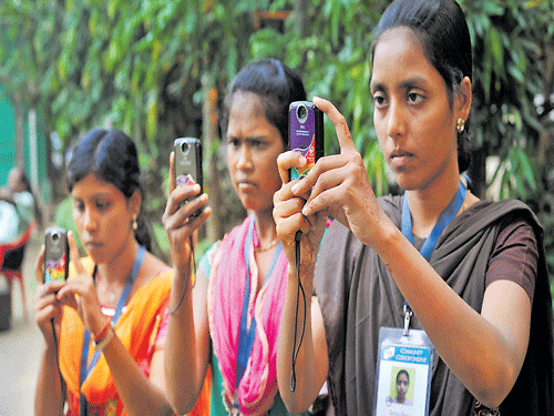 (From left)  Annapurna Kumari, Sushanti Oraon and Sariya Bano work for Video Volunteers. Debasish Bhaduri