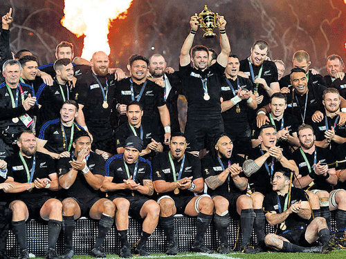 Champions New Zealand Rugby team celebrate after       winning the World Cup against Australia on Saturday. REUTERS