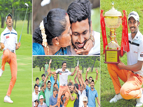 GREAT MOMENTS: (Clockwise) Karnataka's S Chikkarangappa exults after winning the India Masters at the Eagleton Golf         Resort  on Saturday. Chikka gets a peck on the cheek from mother Revamma. The winner poses with the trophy. The 22-year old is chaired by his friends. DH PHOTO/Srikanta SHARMA R