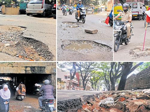 These potholes caught on camera by Deccan Herald seem to compete with one another in causing injuries to motorists. They were photographed at (clockwise from  top left) Hayes Road; near RBANMS Ground; BTS Main Road, Hombegowdanagar; Lloyd Road, Cooke Town; Banaswadi Railway underpass. DH photos / B H SHIVAKUMAR AND S K DINESH