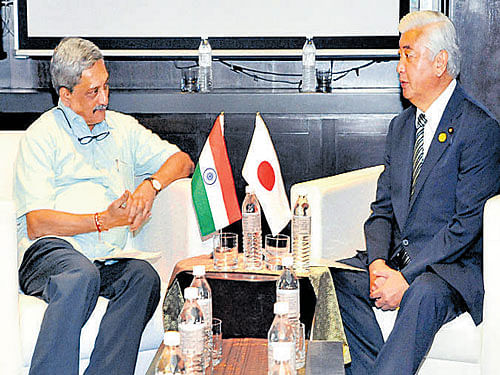 Defence Minister Manohar Parrikar with his Japanese counterpart General Nakatani during a bilateral meeting at Kuala Lumpur on Tuesday. PTI
