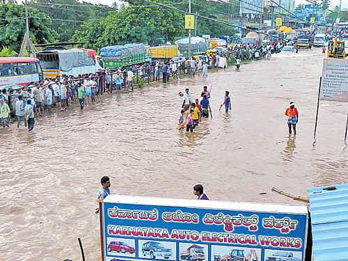 Knee-high: The Mysuru-Bengaluru highway is inundated at Maddur on Thursday. DH&#8200;PHOTO