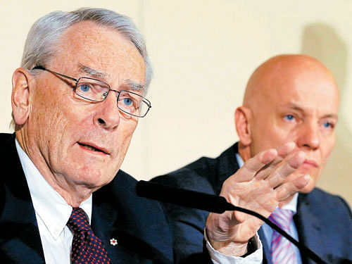 WORRYINGTIMES: Dick Pound,member of the three-man WADA panel, addresses the media in Geneva on Monday. AFP