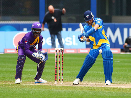 Blue all star batsman Sachin Tendulkar (10) bats against the purple all stars during the Cricket all star game, Reuters file photo