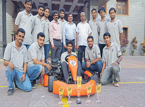 Team Kratos from the Bangalore Institute of Technology pose for the shutterbugs after winning the national-level Student Karting Championship 2015. DH PHOTO