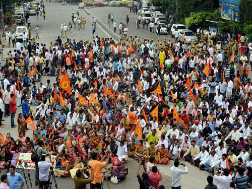 In Bengaluru, the protest was held in front of the Town Hall in the heart of the city where VHP activists vented their anger at Chief Minister Siddaramaiah whose government decided to celerbrate Tipu Sultan's birth anniversary from this year. The celebration was held on November 10. PTI photo