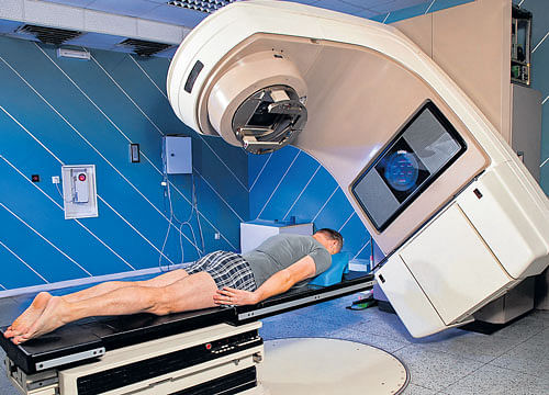 A patient undergoing radiation for cancer treatment.