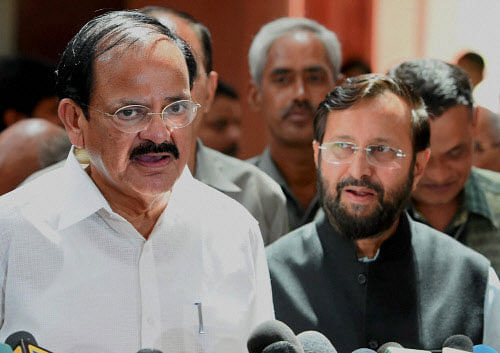 A day after the BJP held a press conference to attack Congress leaders Aiyar and Khurshid, Union ministers M Venkaiah Naidu and Prakash Javadekar condemned their remarks, terming it objectionable and unacceptable.  pti file photo