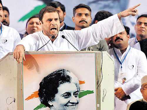 ANgry young scion: Congress vice-president Rahul Gandhi at the Youth Congress' national convention to mark the 98th birth anniversary celebrations of former prime minister Indira Gandhi in New Delhi on Thursday. PTI