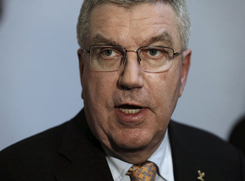 IOC President Bach makes a statement about the WADA inquiry on doping in Russia during a break of the SportAccord Convention in Lausanne. Reuters photo