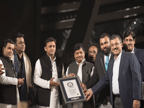 The certificate for UP's record-setting performance was awarded to Chief Minister Akhilesh Yadav at the function in Saifai last evening. Image courtesy Twitter.