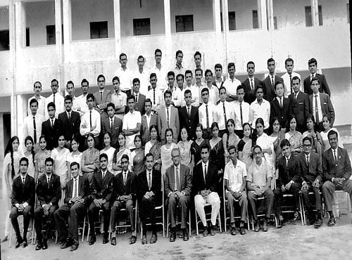 (Sitting first from left, first row) Dr A Jayarajan, (second from right, first row) Dr RS Suryanarayana Setty. (Second, third and fifth, from left, second row) Dr Nirmala Gupta, Dr Janaki and Dr Susheela Shekhar. (Fourth, sixth and seventh from right, second row) Dr Vathsala, Dr Vijaya, Dr Veena and Dr Vijayalakshmi. (Standing second from left, third row) author and (third from left, third row) Dr Venkata Mahipala. (First from right, second row) Dr MR Balaji, (seventh and eighth from right, third row) Dr L Ramesh and Dr A Sampath Kumar. (Third from right, third row) Dr Karmacharya, Dr Keshava BS and Dr MR Balaji to his left. (First from right, fourth row) Dr CR Triyambakaraj, (sixth from right, fourth row) Dr Rajendra Prasad and (ninth from left, fourth row) Dr N Ananda. (Third from left, fourth row) Dr N Yathindra. The Dean, Dr Charles D'Souza, is in the centre (first row). Dr Mohini is behind him in the second row.