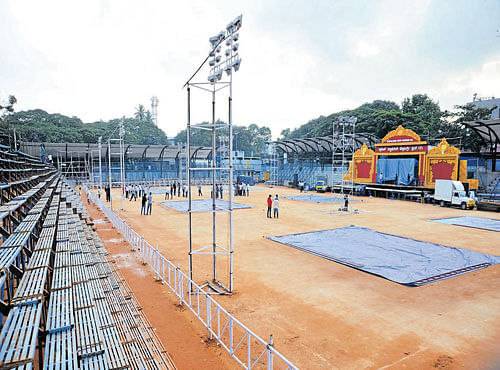 GETTING THERE: Preparations in full swing at the Malleswaram grounds, which will host the Senior Nationals. DH PHOTO