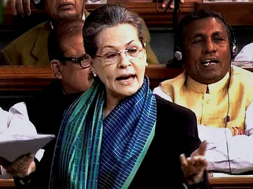 Congress President Sonia Gandh speaks in Lok Sabha during the first day of winter session of Parliament in New Delhi on Thursday. PTI Photo / TV GRAB