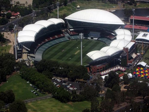 The cricket pitch can be seen in the middle of the Adelaide Oval in Adelaide, Australia, Reuters photo