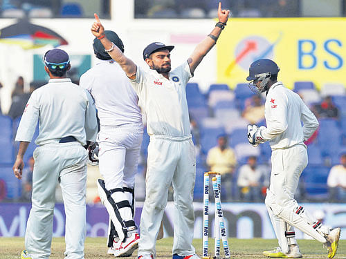 Captain Virat Kohli celebrates after the win over South Africa on the third day of the third Test in Nagpur on Friday. India beat South Africa by 124 runs to take an unassailable 2-0 lead in the four-match series. REUTERS