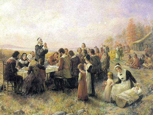 pictorial 'First Thanksgiving at Plymouth' by Jennie Augusta Brownscombe.