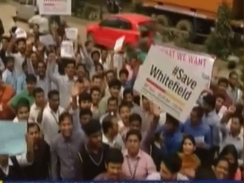 The protest march that began from seven different locations across Whitefield area, culminated at the International Tech Park. Screen grab.