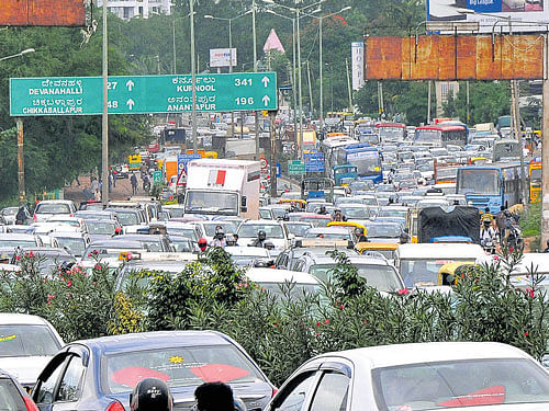 Traffic congestion has become the order of the day on many roads in the City. DH File photo