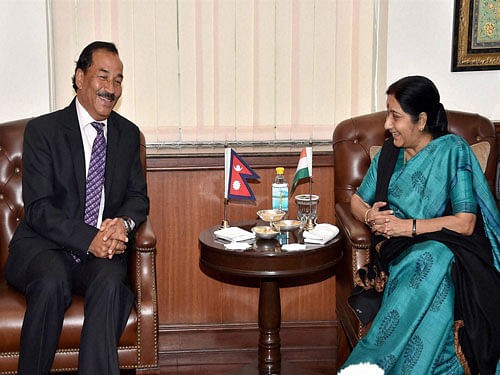 External Affairs Minister Sushma Swaraj with Nepal's Deputy Prime Minister Kamal Thapa in a meeting in New Delhi on Wednesday. PTI Photo.