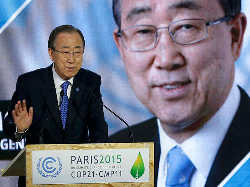 United Nations Secretary-General Ban Ki-moon delivers his speech during the World Climate Change Conference 2015 (COP21) at Le Bourget, near Paris, France, December 10, 2015. REUTERS