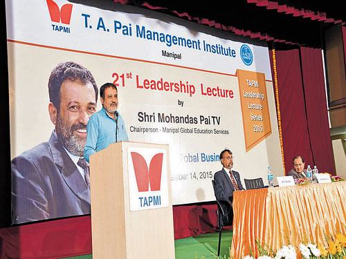 Manipal Global Education Services Chairperson Mohandas Pai T V delivers  TAPMIs 21st Leadership Lecture in Manipal on Monday. DH photo