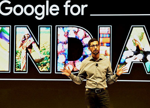 Google CEO Sundar Pichai, gestures during a news conference in New Delhi on Wednesday. PTI Photo