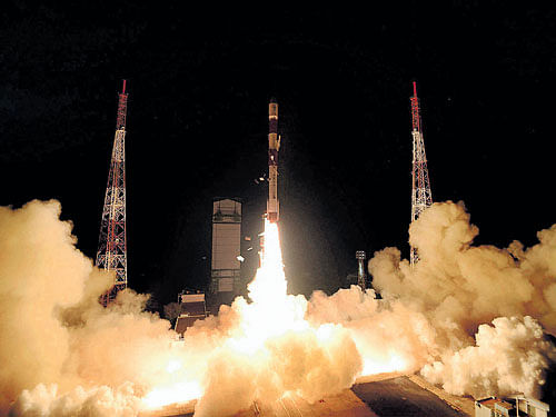 Indian Space Research Organisation's PSLV-C29, carrying six satellites of Singapore, lifts off from Satish Dhawan Space Centre in Sriharikota on Wednesday. PTI