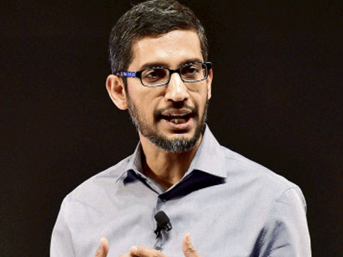 Google CEO Sundar Pichai, gestures during a news conference in New Delhi. PTI photo