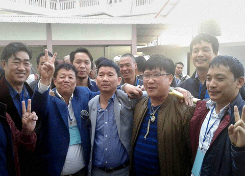 Rebel Congress MLA Kalikho Pul celebrates with supporters after he was elected as' Chief Minister' by 33 legislators in Itanagar, Arunachal Pradesh on Thursday. PTI Photo