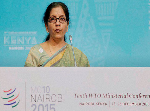 MoS for Commerce and Industry Nirmala Sitharaman delivering her statement at the plenary Session of WTO's 10th Ministerial Conference, in Nairobi. PTI Photo