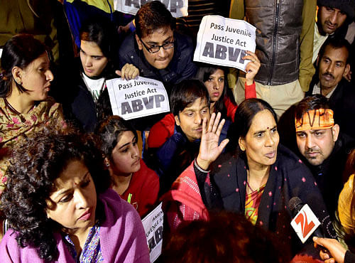 Nirbhaya's mother Asha sits in a protest at Jantar Mantar, in New Delhi on Monday. PTI Photo
