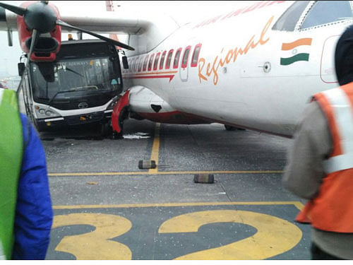 A Jet Airways bus crashed into an Air India aircraft parked at Netaji Subhas Chandra Bose International Airport in Kolkata on Tuesday.PTI Photo