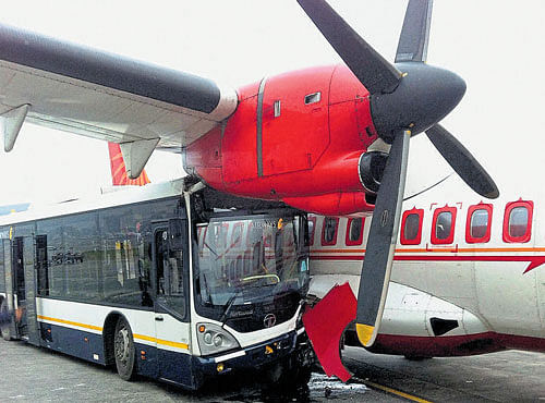 A Jet Airways bus crashed into an Air India aircraft parked in a bay at Netaji Subhas Chandra Bose International Airport in Kolkata on Tuesday. PTI