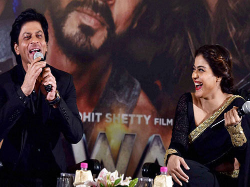 Bollywood actors Shahrukh Khan and Kajol pose during promotion of their new film 'Dilwale' in Kolkata on Tuesday evening. PTI Photo