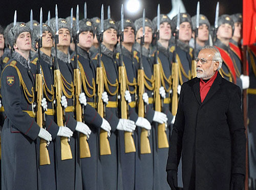 Prime Minister Narender Modi inspecting a guard of honour on his arrival at Vnukovo-2 Airport in Moscow on Wednesday. PTI Photo