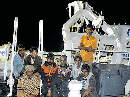 The rescued crew ofMSV Sarojini on board the ICGS Samrat.