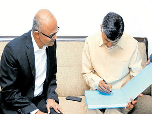 Microsoft CEOSatya Nadella at a breakfast meeting organised by Andhra Pradesh Chief Minister Chandrababu Naidu at his residence in Hyderabad on Monday.