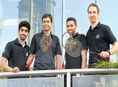 GEARED UP: (From left) RMV Gurusaidutt, Pullela Gopichand, HS Prannoy and Mathias Boe are all smiles on the eve of the second edition of PBL in Mumbai on Friday. PTI
