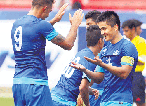 With striker Robin Singh out with an injury, Constantine would hope that star forward Sunil Chhetri will be able to get the goals. DH file photo