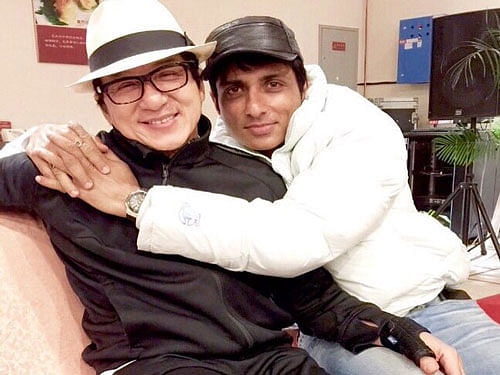 'And the New Year begins with my bro #jackiechan...thank you for this lovely jacket  #Beijing #kungfuyoga,' Sonu posted. Image courtesy: Twitter