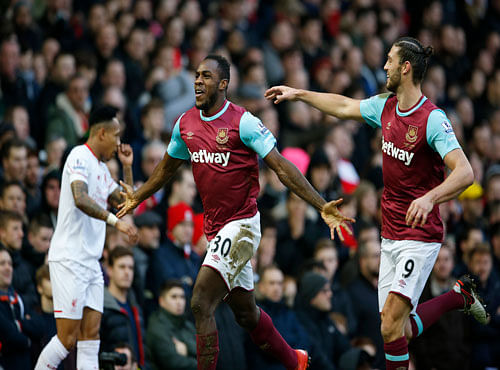 ECSTATIC Michail Antonio celebrates after heading home WestHam United's first goal against Liverpool