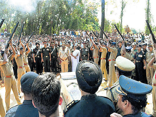 Lt Col E K Niranjan was cremated with full state honours in Palakkad, Kerala, on Tuesday. PTI