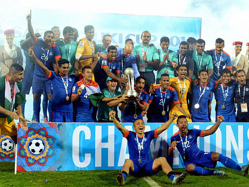Indian football team moved up three rungs to occupy 163rd spot in the FIFA rankings issued today on the back of its SAFF Cup title triumph. PTI photo