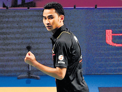 shock of the day Delhi Acers' Tommy Sugiarto celebrates after winning a game against Hyderabad Hunters' Lee Chong Wei during their PBL match on Thursday. pti
