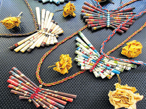 vibrant Jewellery made out of paper by Bharathi.