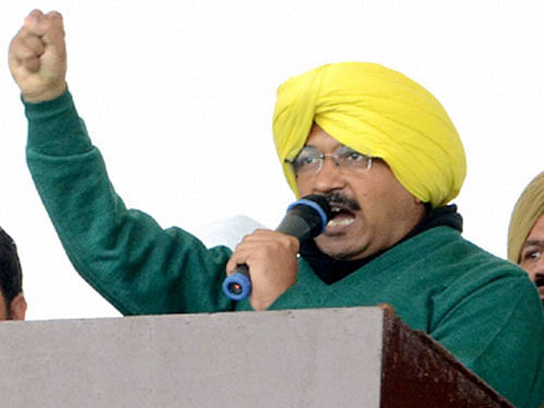 Delhi Chief Minister and AAP convener Arvind Kejriwal addresses a party rally at Muktsar on Thursday. PTI Photo
