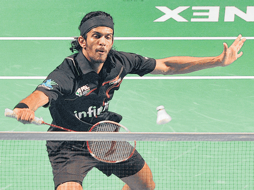 delicate Ajay Jayaram of Delhi Acers en route to his win against Sony Dwi Kuncoro in the Premier Badminton League in Bengaluru on Thursday. Dh photo/ srikanta sharma r